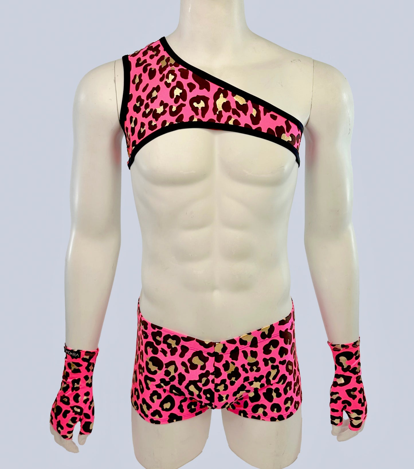 Pink Leopard Asymmetrical Harness with Square Cut Brief and Gloves