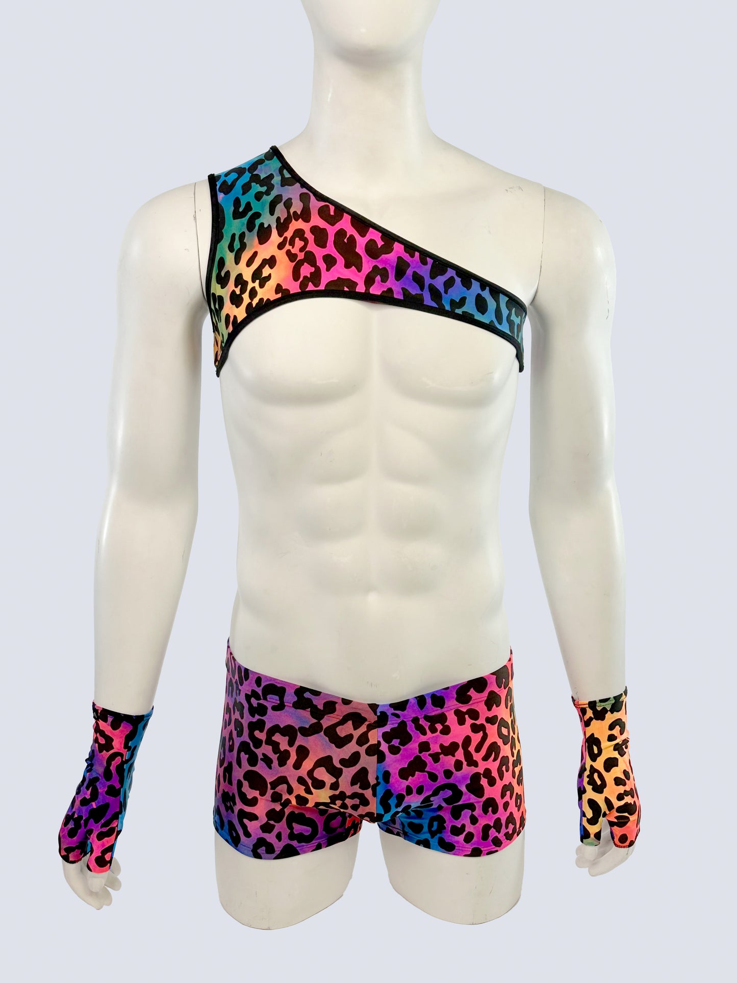 Rainbow Leopard Asymmetrical Harness with Square Cut Brief and Gloves