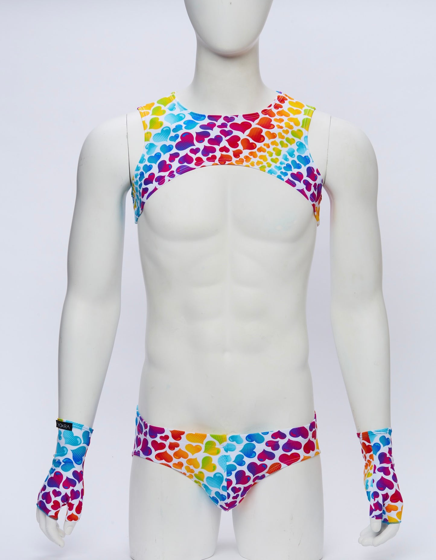 Rainbow Heart Cropped Harness with Briefs and Gloves