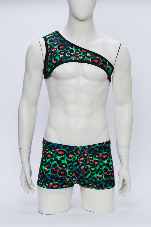 Green Leopard Asymmetrical Harness with Square Cut Brief