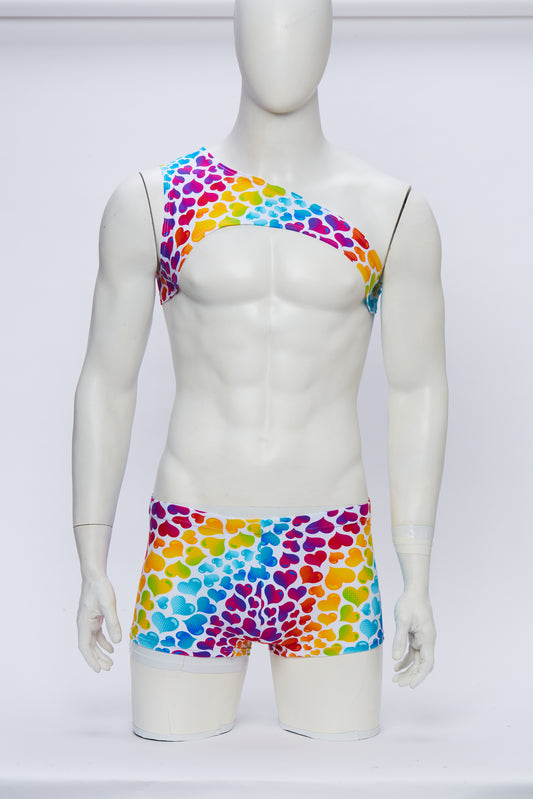 Rainbow Heart Asymmetrical Harness with Square Cut Brief