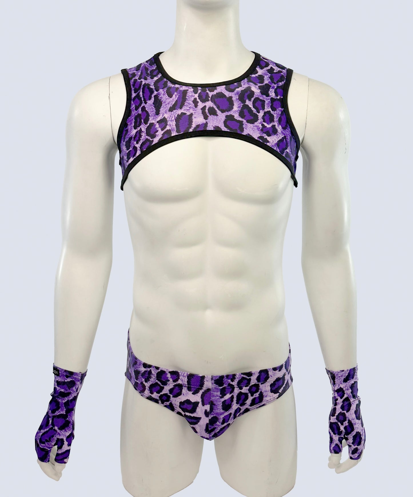 Purple Leopard Cropped harness with Brief and Gloves
