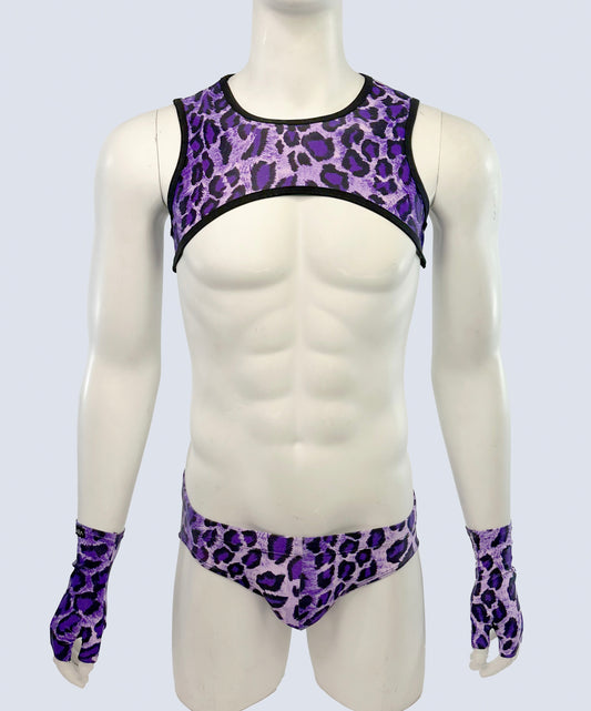 Purple Leopard Cropped harness with Brief and Gloves