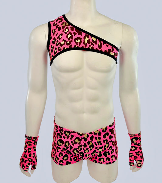 Pink Leopard Asymmetrical Harness with Square Cut Brief and Gloves