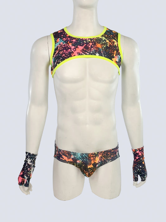 Neon Splatter Cropped Harness with Brief and Gloves