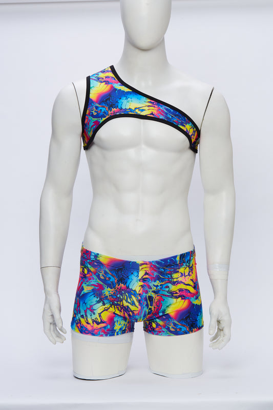 Rainbow Swirl Asymmetrical Harness with Square Cut Brief