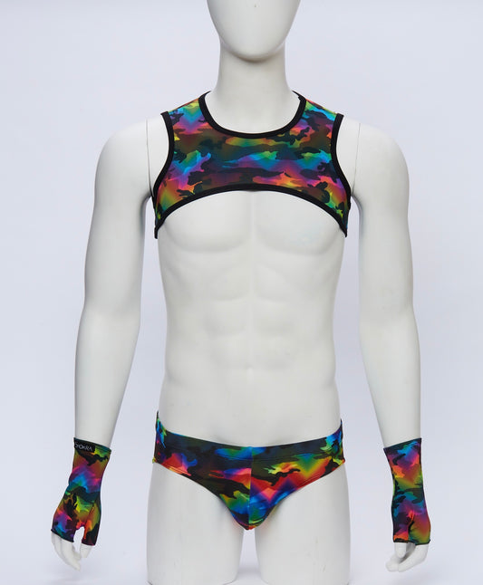 Rainbow Camouflage Cropped Harness with Briefs and Gloves