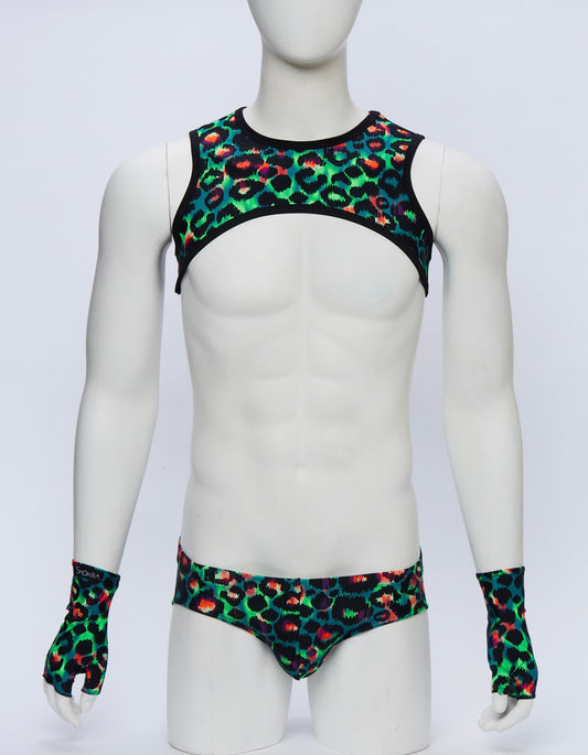 Green Leopard Cropped Harness with Briefs and Gloves