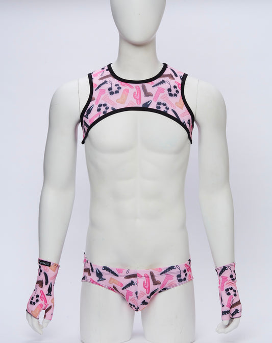 Happy Hole Cropped Harness with Briefs and Gloves