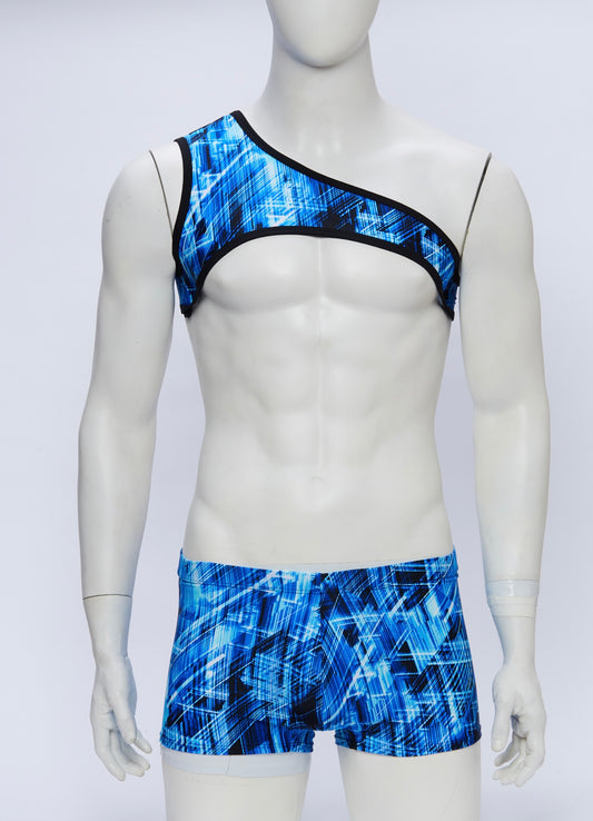 Blue Static Asymmetrical Crop with Square Cut Brief