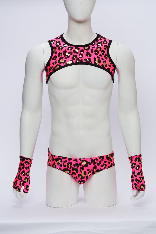 Pink Leopard Cropped harness with Briefs and Gloves